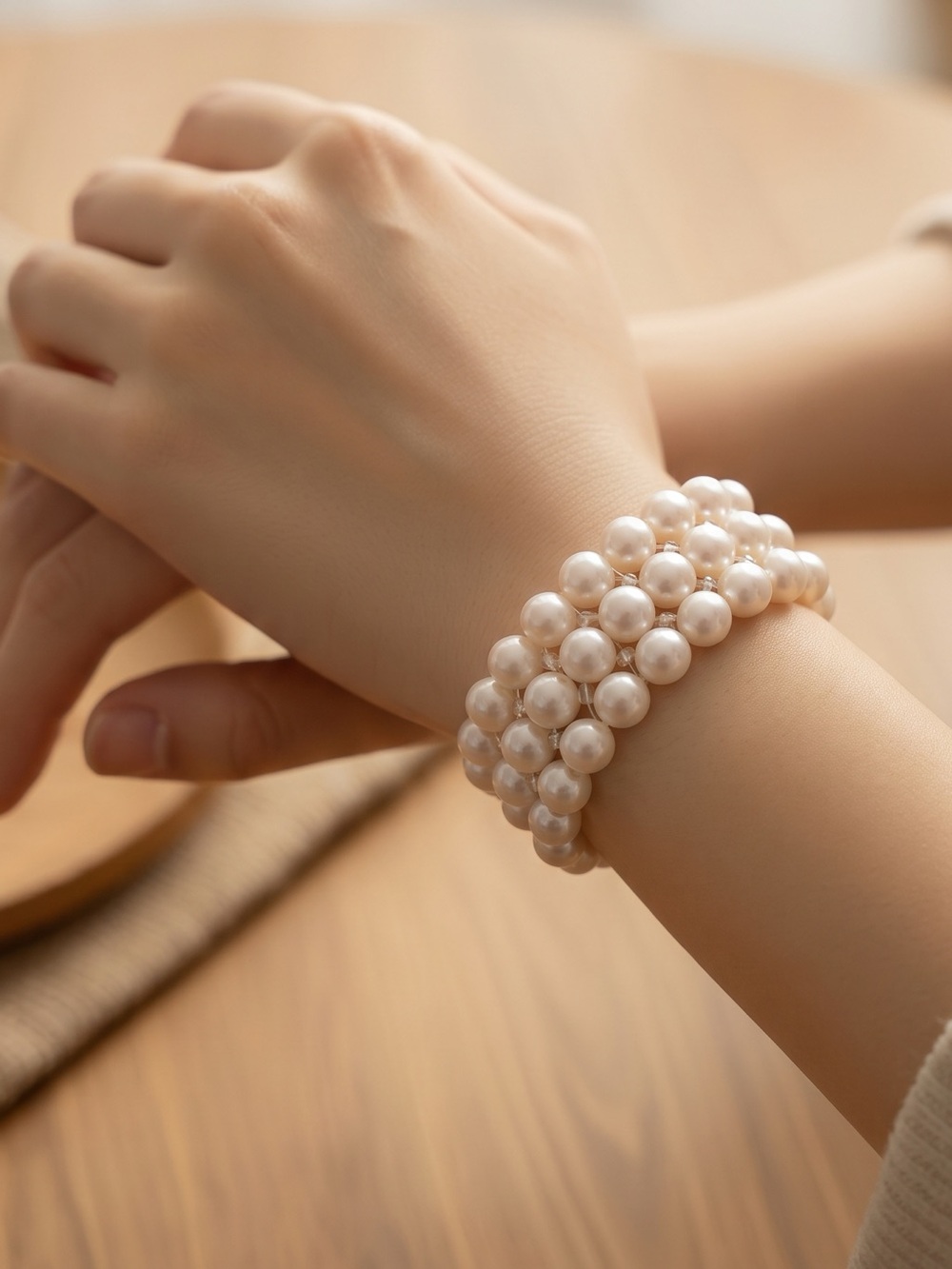 Genuine 3-Strand White Pearl Bracelet Elegant Stretch Stack